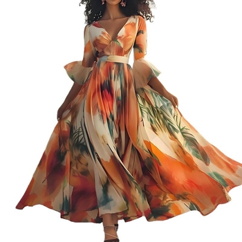 Dlhé šaty princeznej s výstrihom do V, zvonové rukávy, vysoký pás, geometrický vzor, polyester