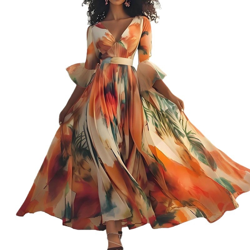 Dlhé šaty princeznej s výstrihom do V, zvonové rukávy, vysoký pás, geometrický vzor, polyester