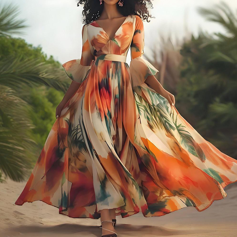 Dlhé šaty princeznej s výstrihom do V, zvonové rukávy, vysoký pás, geometrický vzor, polyester