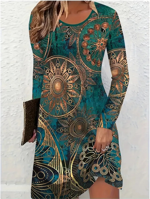 Boheemlase mandala trükiga kleit, A-liin, ümmarguse kaelusega, pikkade varrukatega, keskmise pikkusega