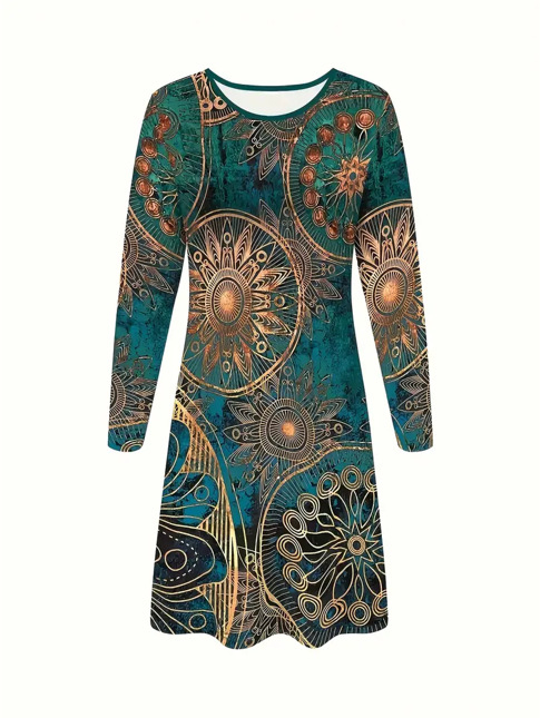 Boheemlase mandala trükiga kleit, A-liin, ümmarguse kaelusega, pikkade varrukatega, keskmise pikkusega