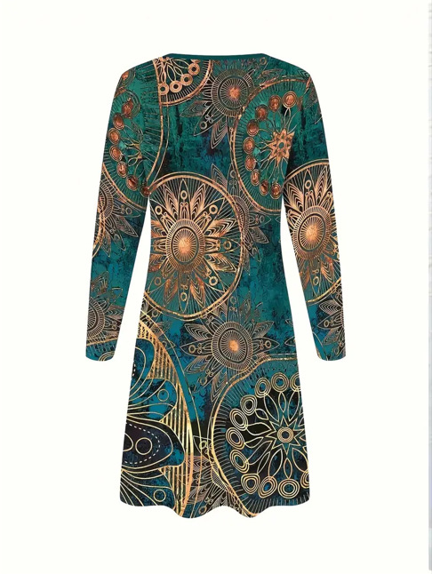 Boheemlase mandala trükiga kleit, A-liin, ümmarguse kaelusega, pikkade varrukatega, keskmise pikkusega