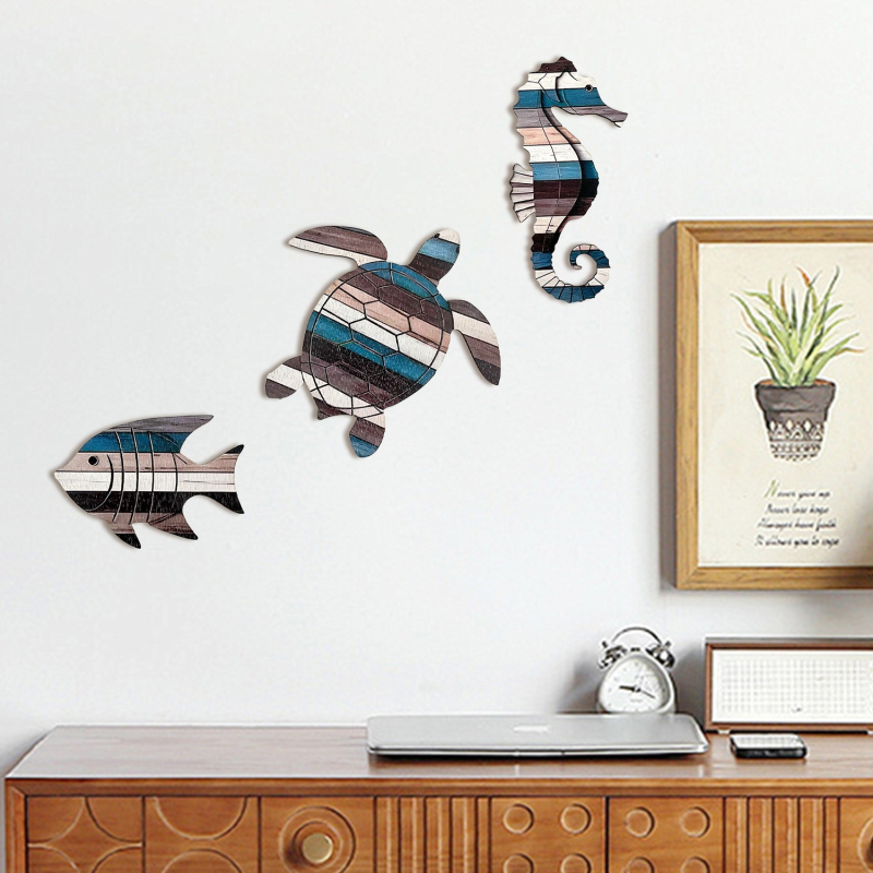 Drevená nástenná dekorácia s námornou témou, visiací panel so skupinou rýb, s lepiacim zadným povrchom, kód AA130654