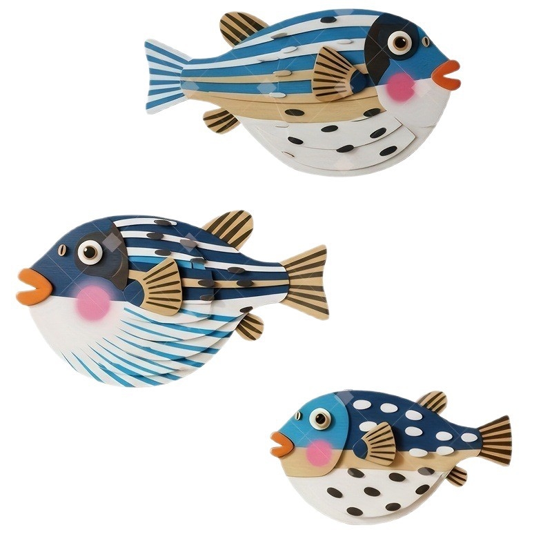 Drevená nástenná dekorácia s námornou témou, visiací panel so skupinou rýb, s lepiacim zadným povrchom, kód AA130654