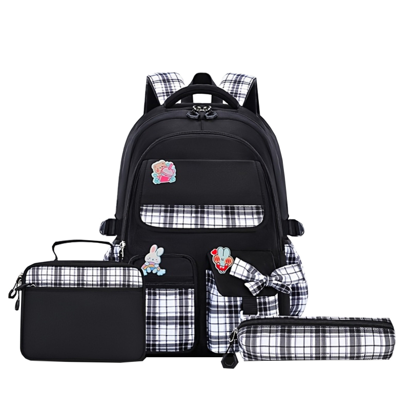 Tüdrukutele mõeldud nailonist koolikott lipsuga — õhupadi padjad õla ümber, kerge, hingav, veekindel, ruuduline muster