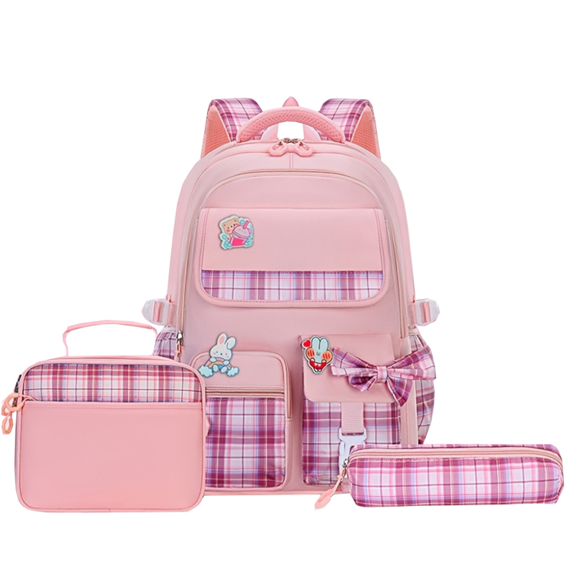 Tüdrukutele mõeldud nailonist koolikott lipsuga — õhupadi padjad õla ümber, kerge, hingav, veekindel, ruuduline muster