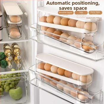Külmiku munade organiseerija, toidukvaliteediga PET+PP, mitmetasandiline disain, automaatne täitmine