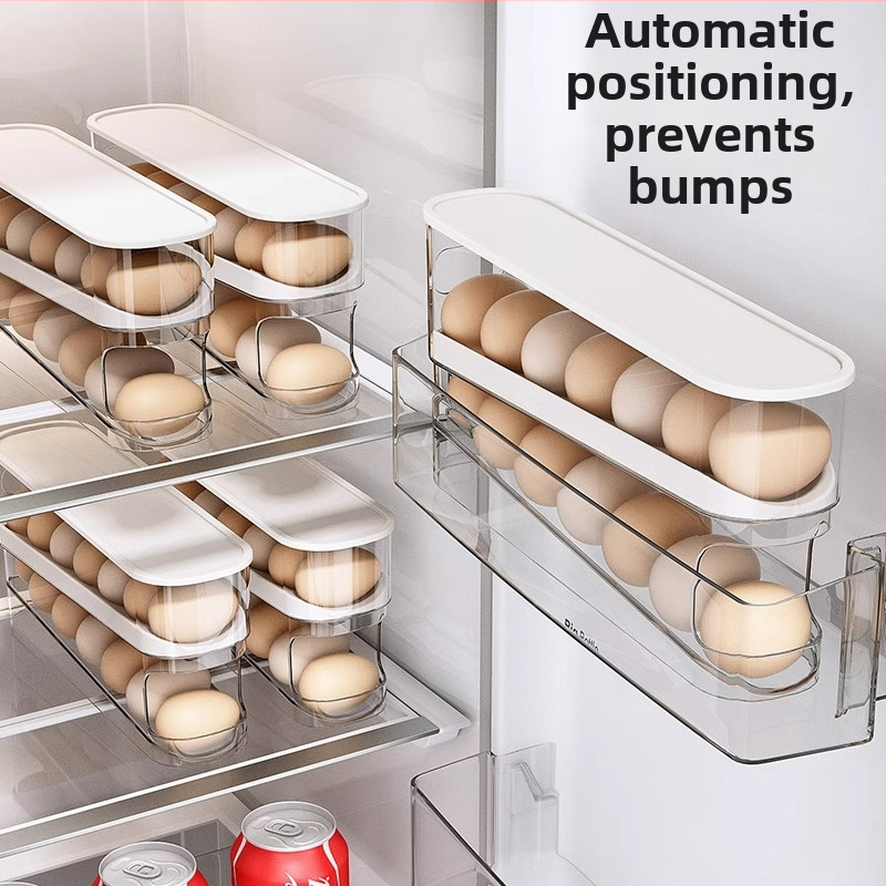 Külmiku munade organiseerija, toidukvaliteediga PET+PP, mitmetasandiline disain, automaatne täitmine