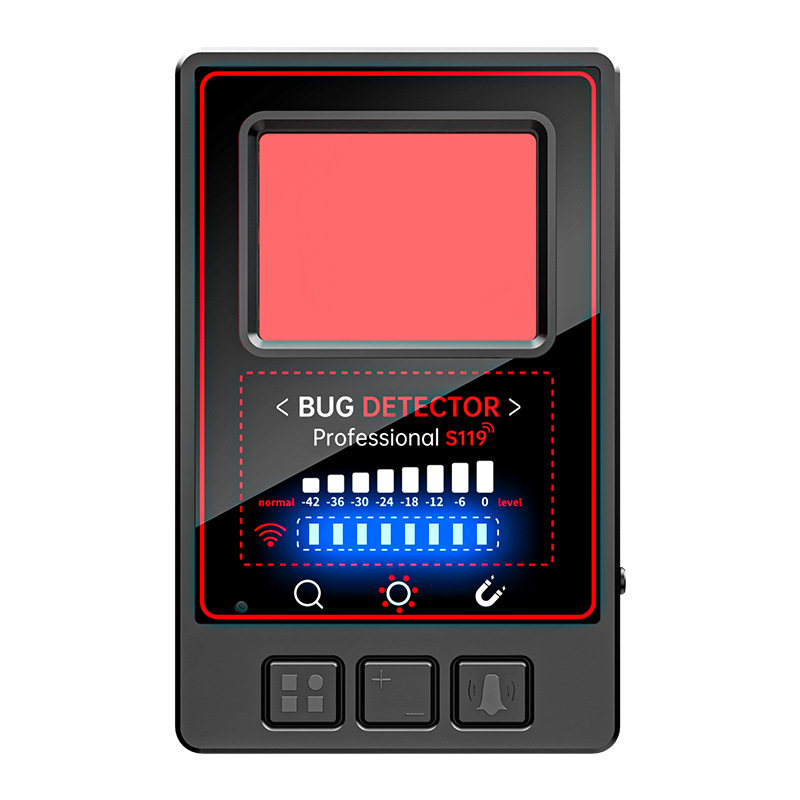 Bezdrôtový detektor kamier – anti-spy monitorovanie, infra detekcia, signálny alarm; alarm režimy: zvonenie, vibrácia; frekvenčné pásmo: 1-6.5; pracovný rozsah: 0.1-10; napätie: 5V