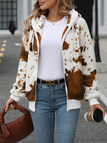 Naiste kardigan-jakk kapuutsiga, tõmblukuga, arktiline samet, loomamustriga