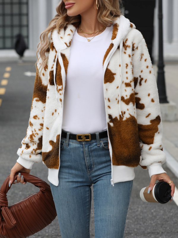 Naiste kardigan-jakk kapuutsiga, tõmblukuga, arktiline samet, loomamustriga