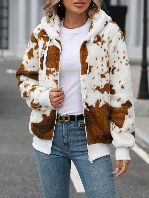 Naiste kardigan-jakk kapuutsiga, tõmblukuga, arktiline samet, loomamustriga