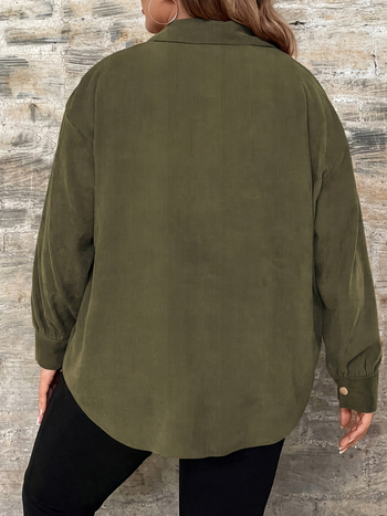 Corduroy pikkade varrukatega särgi-jakk, vaba lõige, turn-down kaelus, ühekordse nupuga, keskmise paksusega