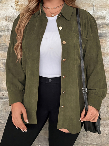 Corduroy pikkade varrukatega särgi-jakk, vaba lõige, turn-down kaelus, ühekordse nupuga, keskmise paksusega