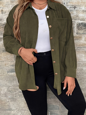 Corduroy pikkade varrukatega särgi-jakk, vaba lõige, turn-down kaelus, ühekordse nupuga, keskmise paksusega