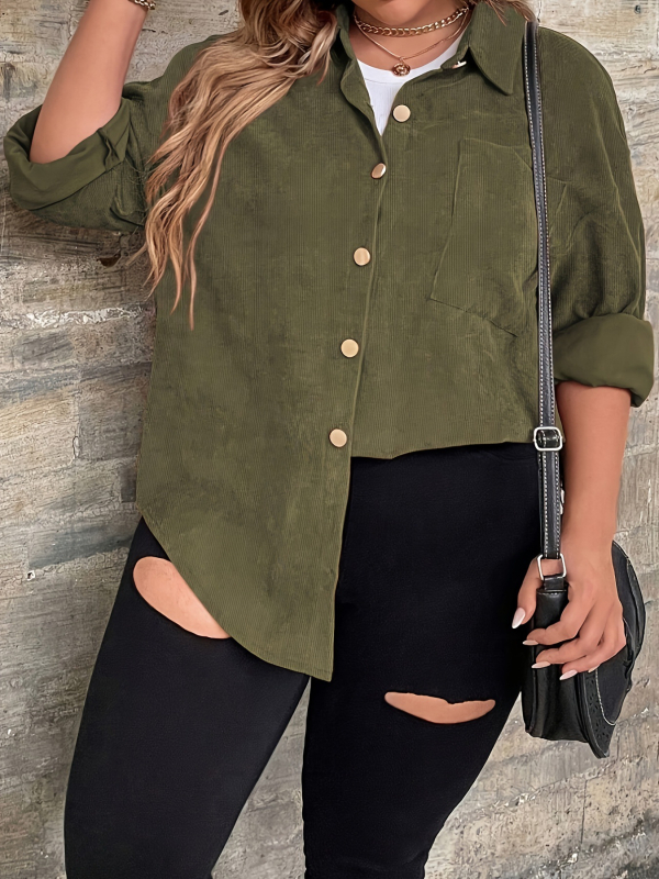 Corduroy pikkade varrukatega särgi-jakk, vaba lõige, turn-down kaelus, ühekordse nupuga, keskmise paksusega