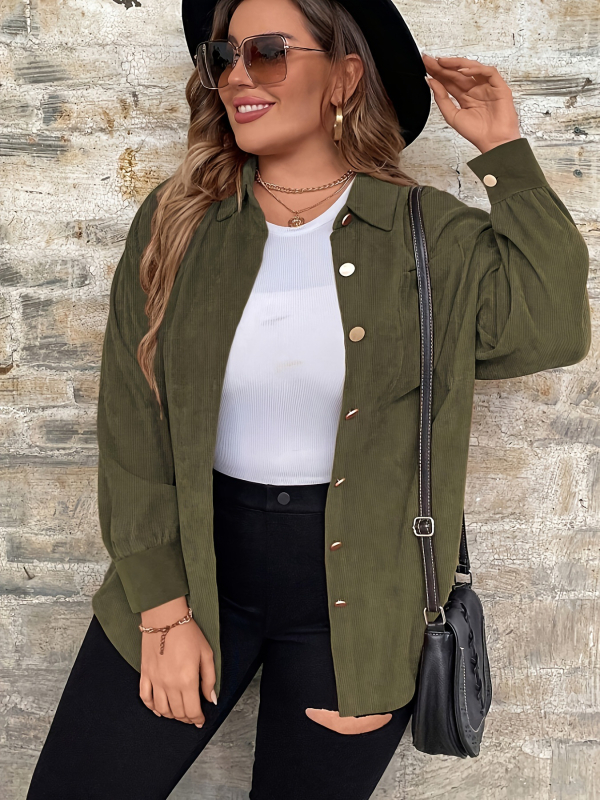 Corduroy pikkade varrukatega särgi-jakk, vaba lõige, turn-down kaelus, ühekordse nupuga, keskmise paksusega