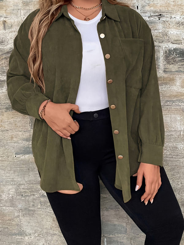 Corduroy pikkade varrukatega särgi-jakk, vaba lõige, turn-down kaelus, ühekordse nupuga, keskmise paksusega
