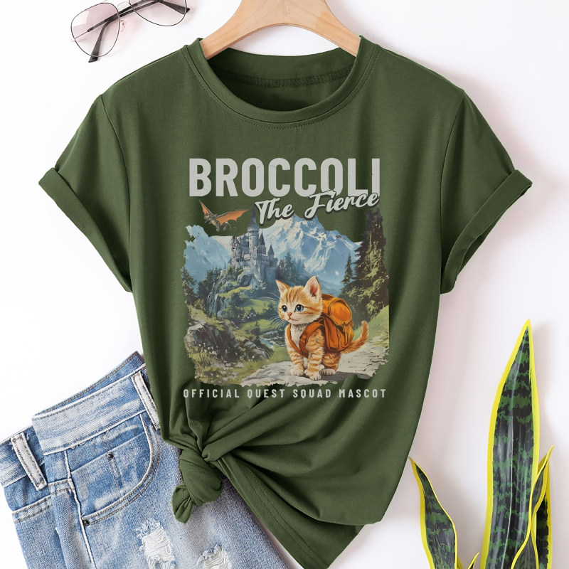 Naiste puuvillane T-särk brokoli graafilise trükiga, ümmargune kaelus, lühikesed varrukad, merceriseeritud materjal