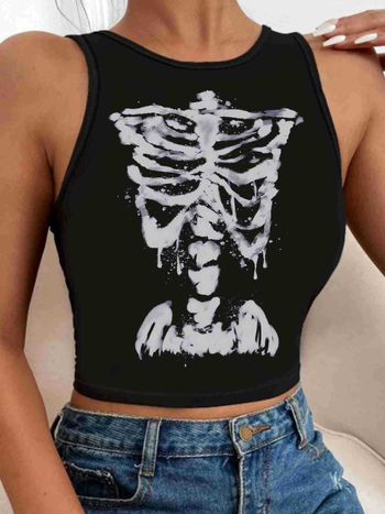 Naiste gooti crop top kolju trükiga, polüester 95%+, slim fit