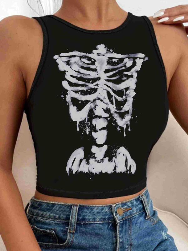 Naiste gooti crop top kolju trükiga, polüester 95%+, slim fit