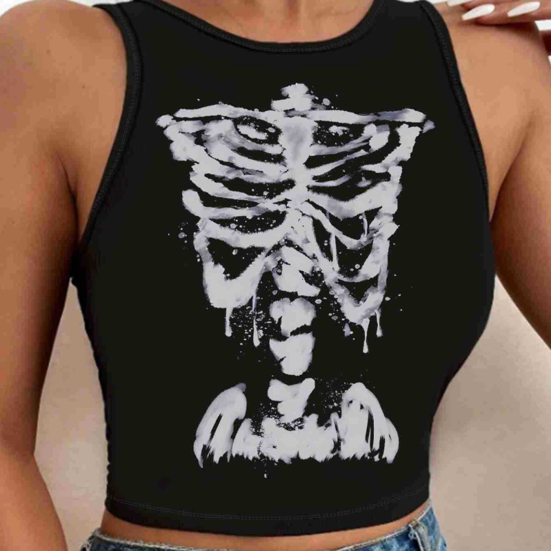 Naiste gooti crop top kolju trükiga, polüester 95%+, slim fit