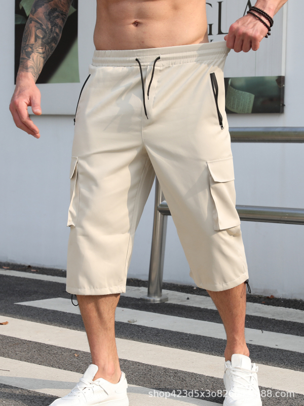 Meeste vabaajakaargo lühikesed püksid mitme klapiga taskutega, Twill-kangas, Nailon 92% Spandeks 8%, vaba lõige