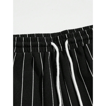 Meeste lühikesed püksid nööriga vöökoha, triibuline patchwork, vaba lõige, naturaalne puuvill CVC, retro stiil