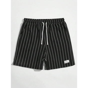 Meeste lühikesed püksid nööriga vöökoha, triibuline patchwork, vaba lõige, naturaalne puuvill CVC, retro stiil