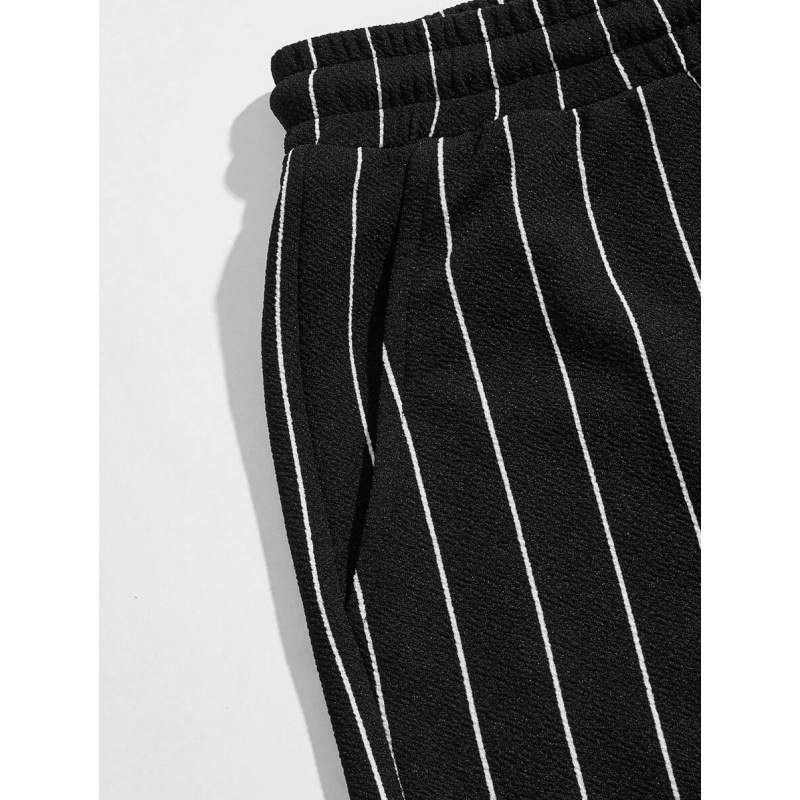 Meeste lühikesed püksid nööriga vöökoha, triibuline patchwork, vaba lõige, naturaalne puuvill CVC, retro stiil