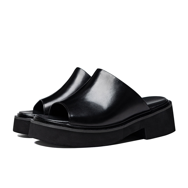 Meeste ehtne nahast platvormi flip-flopid avatud varbaga, 6 cm kõrguse tõstmine, slip-on