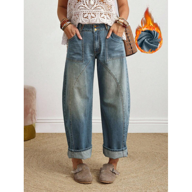 Naiste denim teksad, sirge lõikega, vabalt istuv, nööriga kinnitusega, fliisvooder, polüesteri segu