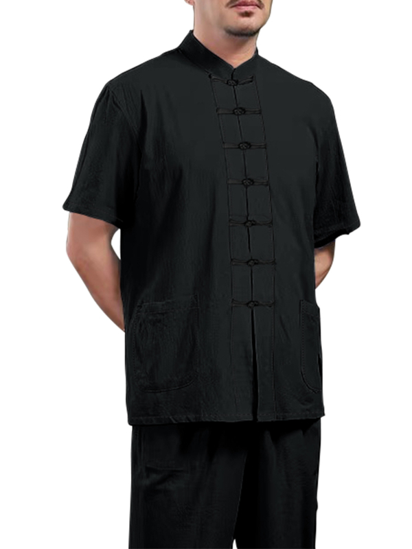 Meeste Tang-stiilis särk, kõikide aastaaastate jaoks, puuvill-lina segu, pikad varrukad, hiina stiilis igapäevane