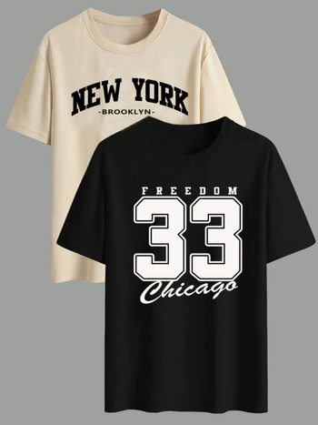 Kaheosal meessoost polüesterist T-särkide komplekt, vaba lõige, ümmargune kaelus, lühikesed varrukad, New Yorki kiri-prints ja 33-numbriline digiprint suveks