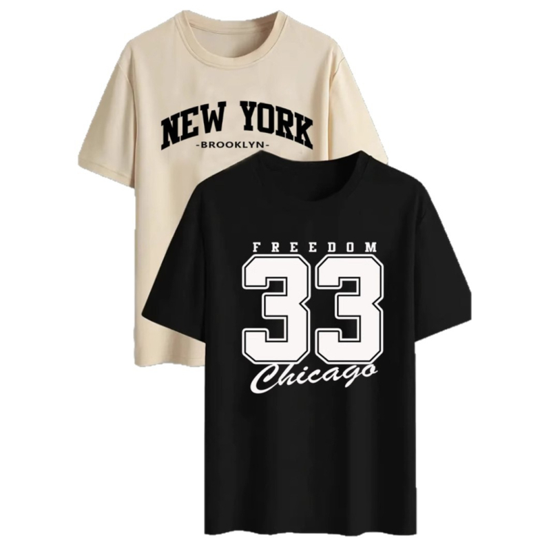Kaheosal meessoost polüesterist T-särkide komplekt, vaba lõige, ümmargune kaelus, lühikesed varrukad, New Yorki kiri-prints ja 33-numbriline digiprint suveks