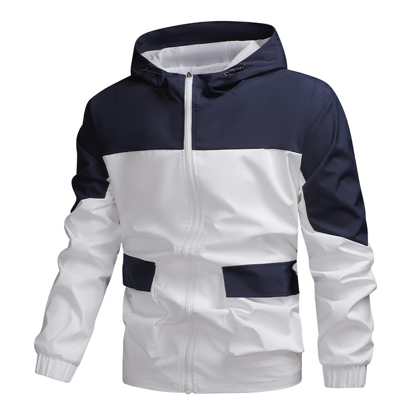 Meeste kapuutsiga jakk, tõmblukk, polüesterist kangas, värviline plokk (linna stiil)