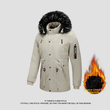 Meeste kapuutsiga jope, puuvillase täidisega, keskmise pikkusega, vööri versioon, vooder linast