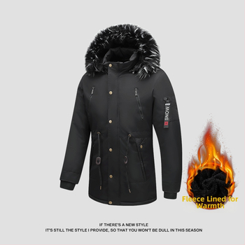 Meeste kapuutsiga jope, puuvillase täidisega, keskmise pikkusega, vööri versioon, vooder linast