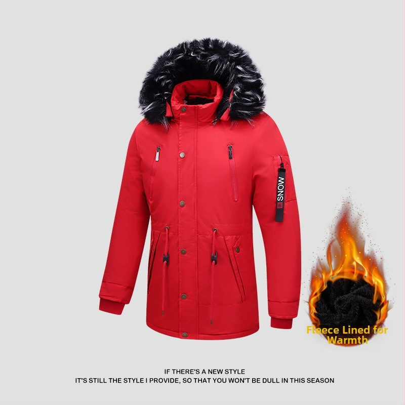 Meeste kapuutsiga jope, puuvillase täidisega, keskmise pikkusega, vööri versioon, vooder linast