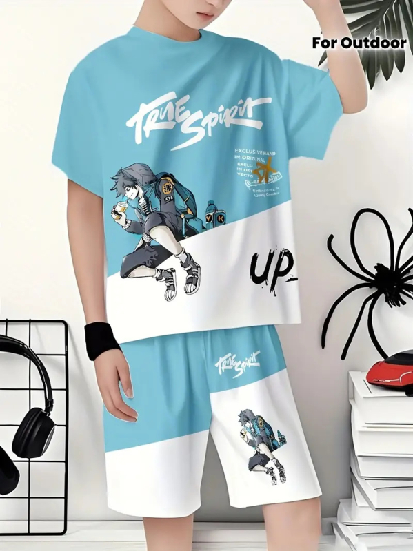 Laste kaheosaline komplekt: lühikeste varrukatega T-särk ja lühikesed püksid, polüester, 3–8 aastat, suvi