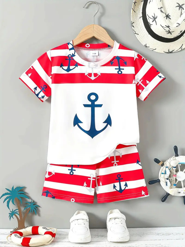 Laste kaheosaline komplekt: lühikeste varrukatega T-särk ja lühikesed püksid, polüester, 3–8 aastat, suvi