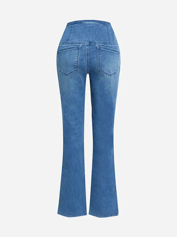 Flared denimpüksid keskmise taljega, pikad, kõrge elastus, ensüümpesu viimistlusega
