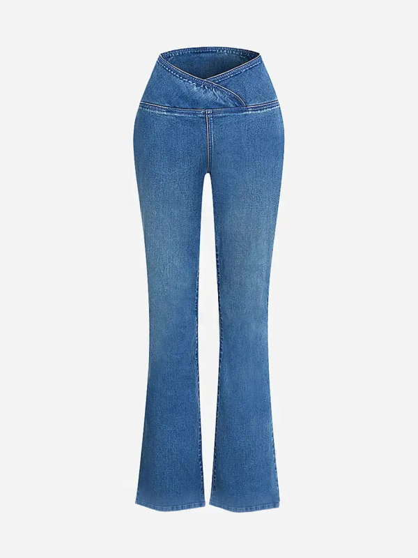 Flared denimpüksid keskmise taljega, pikad, kõrge elastus, ensüümpesu viimistlusega