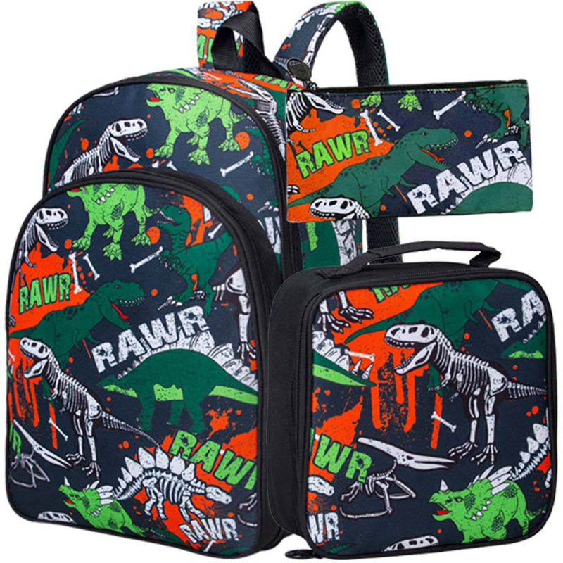 Algkooli seljakott dinosauruse karikatuuriga, kolmeosaline komplekt, ultra-kerge, polüester, hingav