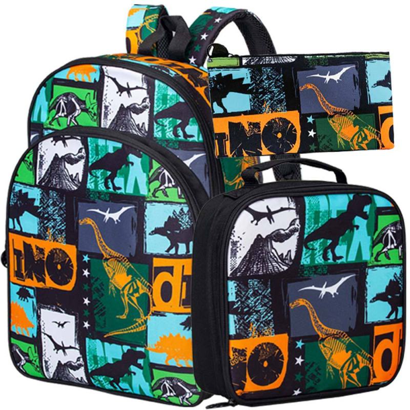 Algkooli seljakott dinosauruse karikatuuriga, kolmeosaline komplekt, ultra-kerge, polüester, hingav
