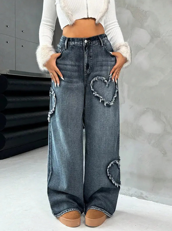 Denim teksad südamekujuga aplikatsiooniga ja fringinguga, raske pesu, kõrge vöökoht, laia lõikega püksid, tänavakunst-stiil, sügis-talv