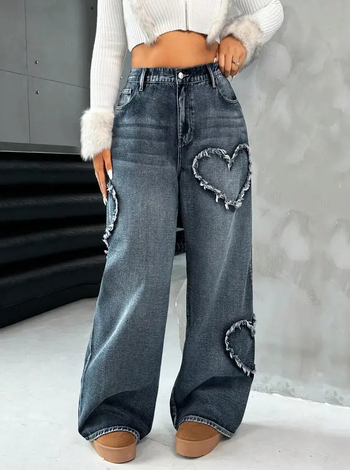 Denim teksad südamekujuga aplikatsiooniga ja fringinguga, raske pesu, kõrge vöökoht, laia lõikega püksid, tänavakunst-stiil, sügis-talv