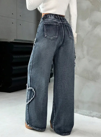 Denim teksad südamekujuga aplikatsiooniga ja fringinguga, raske pesu, kõrge vöökoht, laia lõikega püksid, tänavakunst-stiil, sügis-talv