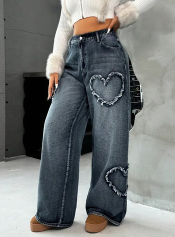 Denim teksad südamekujuga aplikatsiooniga ja fringinguga, raske pesu, kõrge vöökoht, laia lõikega püksid, tänavakunst-stiil, sügis-talv