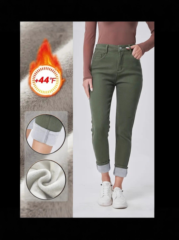 Denim skinny teksad fleecevooderdusega, keskmine talje, pikad jalad